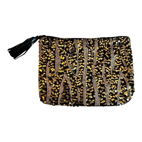 Stephanie Johnson Black Gold Sequin Zip Top Small Clutch Tassel - Picture 1 of 11